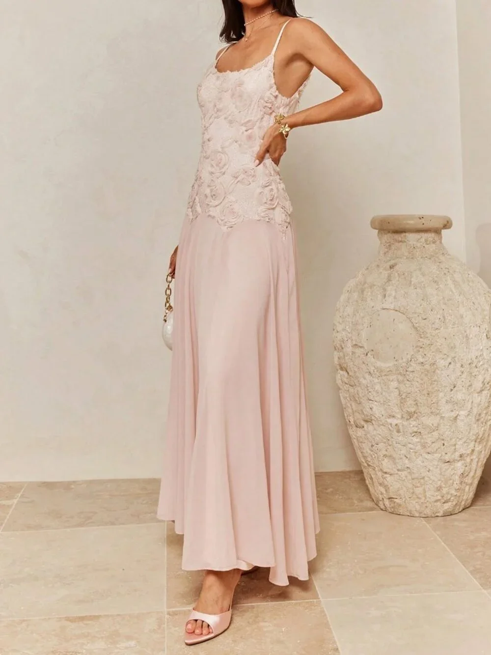 Pink Elegant Women's Floral Embroidered Camisole Mermaid Dress